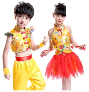 Wholesale discount cheap Gold red patchwork chinese folk dance girls boys children baby stage performance  cos play Martial  kung fu clothes costumes uniforms outfits